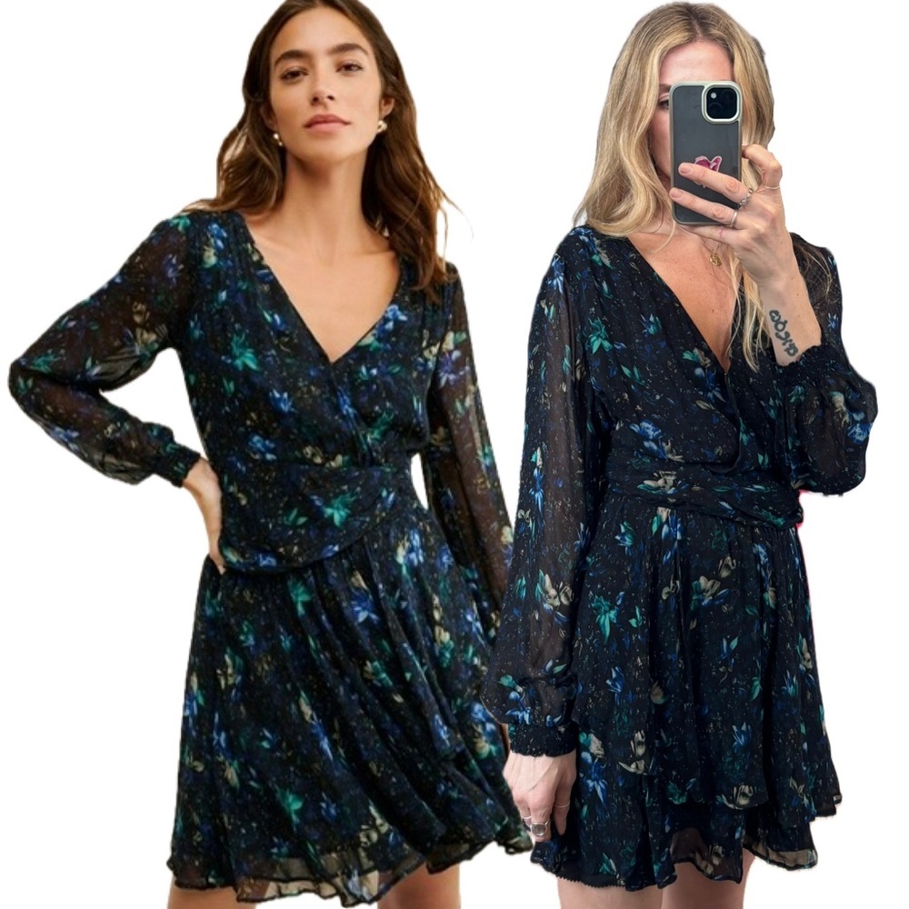 Anthropologie Blue Floral Long Sleeve V Neck Ruched Flowy Mini Boho Dress - Picture 1 of 14
